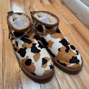 Ugg Rare Cozy Faux Fur Lined Cow Print Slip-On Boots - Brown/Black/White